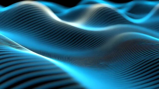 A 3D rendered graphic displaying blue and white wavy lines against a black backdrop