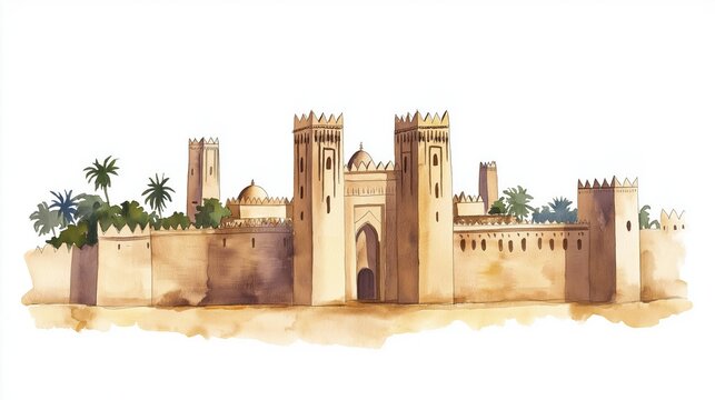 Djenne Mosque. Djenne Mosque hand drawn watercolor illustration on white background