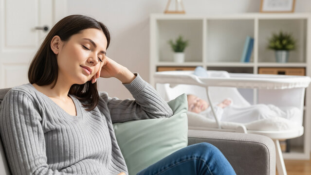 Tired young mother dozing on the sofa next to her sleeping baby in the crib, for blogs about parenting and content about family well-being