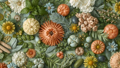Fototapeta premium Colorful Flowers and Plants Arranged on a Flat Surface at a Creative Workspace