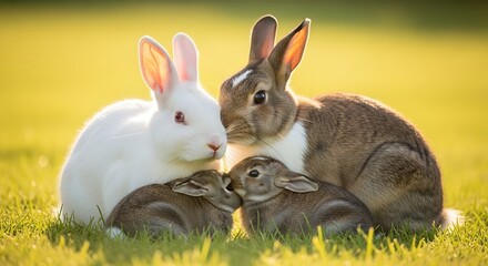 Rabbits with Babies in Green Grassy Field.