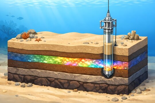 Illustration showing colorful underwater resource layers beneath the sea floor, using simplified metaphor for education, science storytelling, exploration, and explainer visuals.