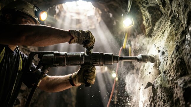 Miner working in a dimly lit tunnel using a heavy-duty drill