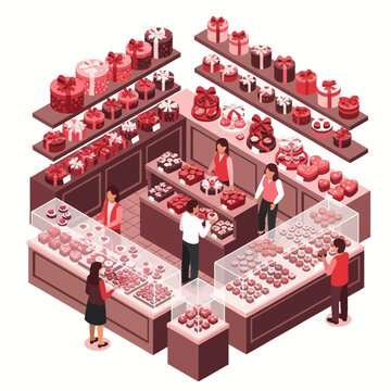 Isometric illustration of a jewelry store with customers and various jewelry displays.