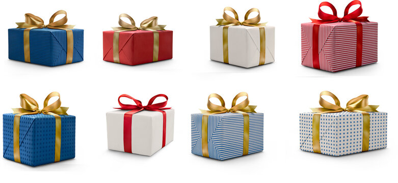 a collection of beautifully wrapped holiday and celebration gift boxes with bows, presented on a clean white background.
