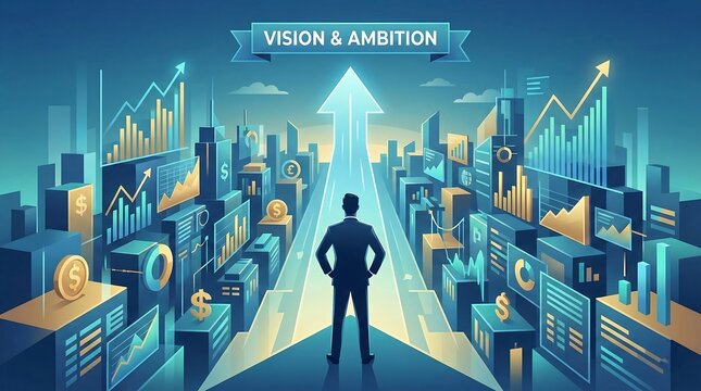 Businessman Looking Toward Future Vision and Ambition, Rising Arrow Path Through Digital Financial City, Modern Professional Banner for Corporate Strategy and Leadership, 4k