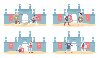 Fototapeta premium Gladiator scenes. Flat gladiators fights, people with weapon and armor. Legionnaires battles, ancient roman warriors attack and defending, recent vector set