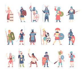 Fototapeta premium Tribal warriors. African, asian warriors with weapon and armor. Scandinavian viking, australian aboriginal characters. Security and defenders, recent vector set