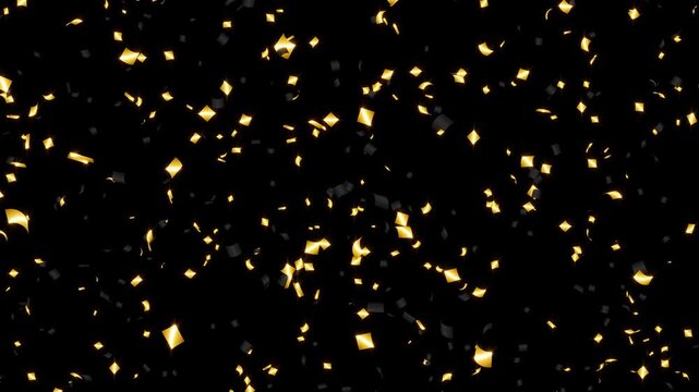 Loop Confetti Falling from Above with Alpha Channel, 4K ProRes 4444, Large Particles, Black and Gold - アルファ透過 ループ紙吹雪CG素材 上から降る 舞い落ちる 黒と金 大粒
