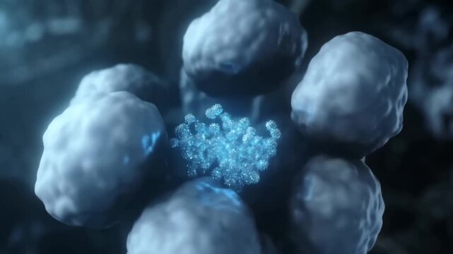 Microscopic battle between multiplying virus particles and neutralizing white blood cells in a dark organic environment concept of immune response and infection