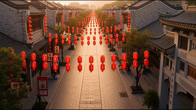Traditional Chinese Street Illuminated by Numerous Red Lanterns at Sunset.