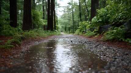 Obraz premium A wet forest path with a reflective puddle showing trees and sky after rain