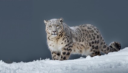 Fototapeta premium Snow Leopard Walks on Snow-Covered Ground in a Cold Environment During Daytime in the Mountains