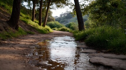 A winding dirt path beside a flowing stream with trees and lush green grass reflecting sunlight