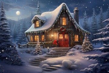 Fototapeta premium Cozy cabin featuring holiday decorations, glowing windows, and falling snow under a full moon