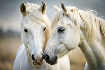 Naklejka premium Close-Up of Two White Horses Standing Together.