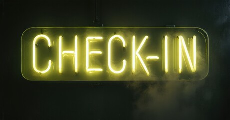 Obraz premium Bright neon sign displays checkin. Dark background emphasizes glowing yellow lettering. Simple, direct message for visitors.
