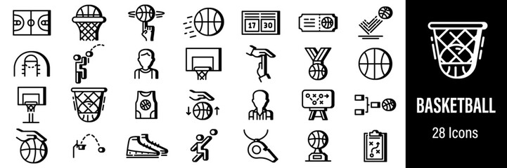 Basketball icons collection representing game equipment and actions