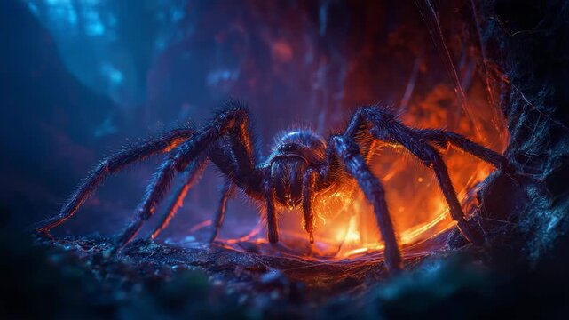 Giant Mythical Phase Spider in Dark Magical Cave with Glowing Purple Venom and Neon Blue Lighting