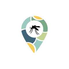Flat illustration vector icon of a location pin with mosquito inside, malaria affected area concept