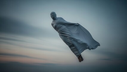 Figure wrapped in white cloth floating in sky, abstract and serene composition with muted tones