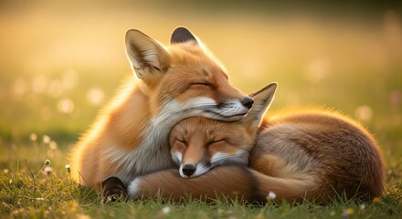 Cuddling Red Foxes in a Field.