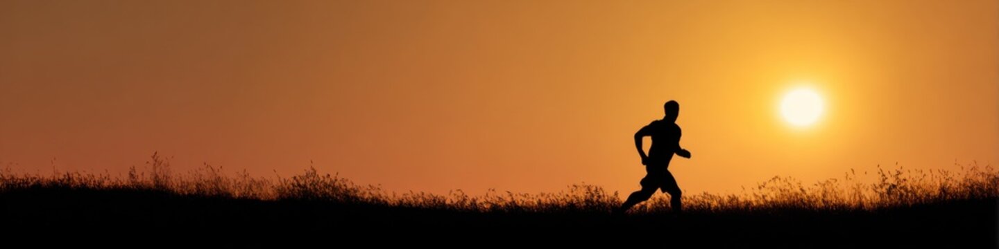 Silhouette of young male jogger running at sunset in natural landscape
