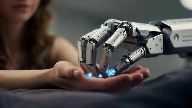 Robot hand interacts with human hand in a modern setting showing technology and connection in action