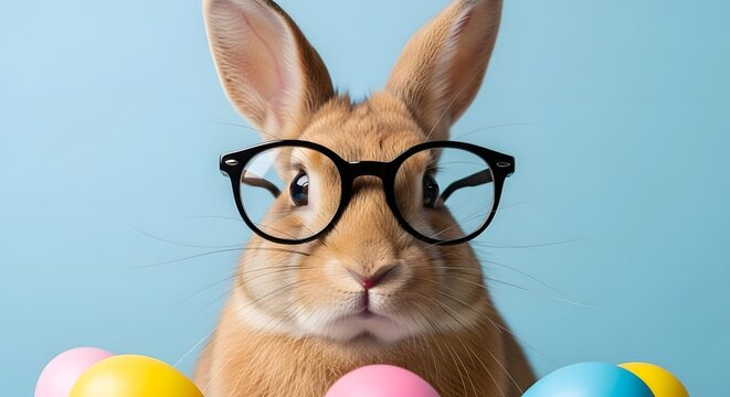 Happy easter bunny wearing glasses with colorful eggs on a light blue background