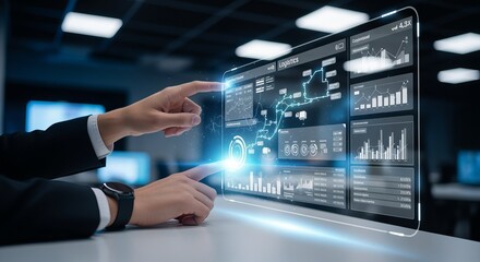 Fototapeta premium Man Analyzing Complex Logistics Data on a Digital Display in a Modern Warehouse Environment.