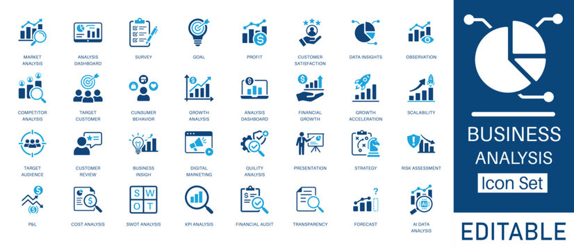 Business Analysis and Data Insights solid icon set. Includes symbols for Market Research, Growth Strategy, Profit Analysis, and KPI. Solid vector icons for corporate strategy.