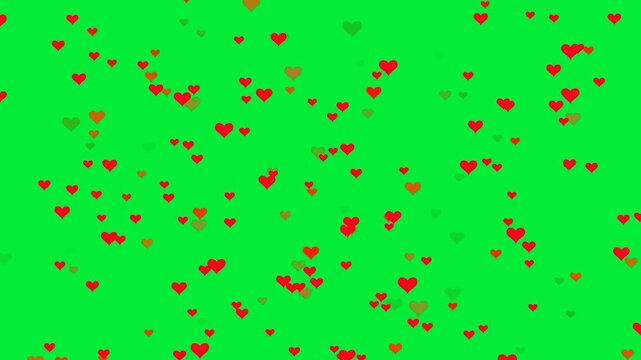 Valentine's Day festive background with motion of red  hearts on a green screen background for overlay.