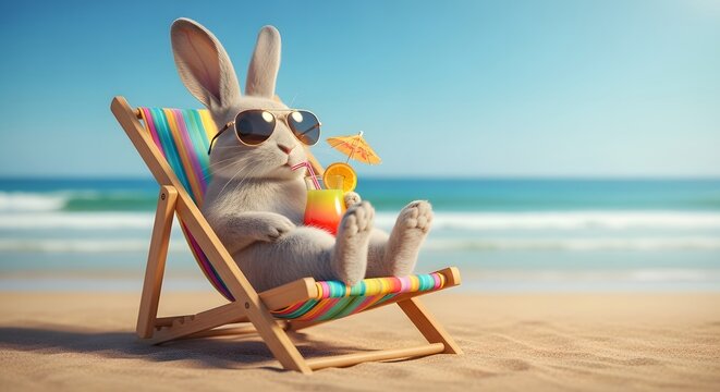 Happy easter bunny relaxing on beach with colorful drink on sunny day
