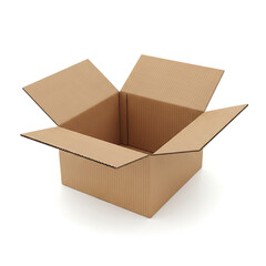 An open cardboard box with its flaps folded back, revealing an empty interior. isolated on white background