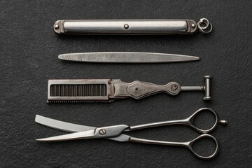 Antique Barber Tools Arranged on a Dark Surface