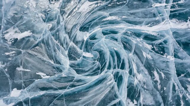 Ice patterns swirl in a mesmerizing spiral formation, showcasing intricate textures and colors, with a bright blue center emerging from the frozen surface