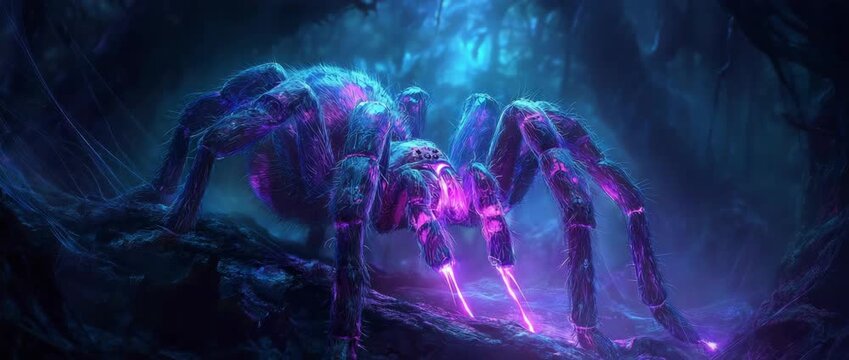 Giant Mythical Phase Spider in Dark Magical Cave with Glowing Purple Venom and Neon Blue Lighting