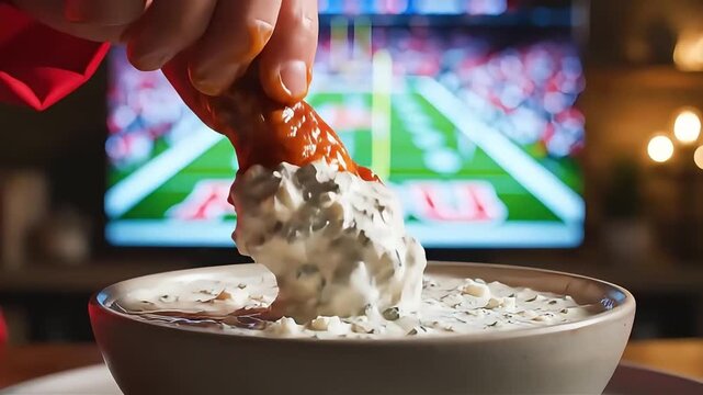 Enjoying Super Bowl Sunday with chicken wings and dip on TV