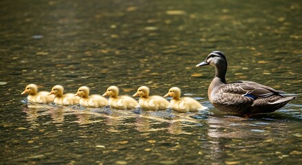 Mother Duck Swimming with Ducklings in Pond.