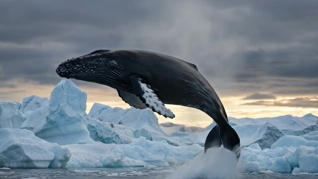 Humpback whale breaches the surface of icy waters, creating a splash as it leaps from the ocean, surrounded by floating icebergs under a dramatic cloudy sky