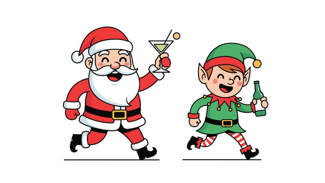 Funny cartoon illustration of Santa Claus holding a martini and an elf with a beer bottle running and celebrating.