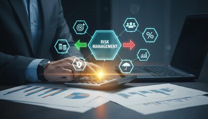 Fototapeta premium Risk Management Strategy: Businessman Analyzing Financial Data on Calculator with Digital Holographic Flowchart and Icons