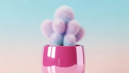 Fluffy pastel cactus in pink pot with soft gradient background