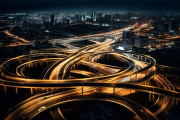 Intersecting elevated highways creating a complex network of transportation routes in a city