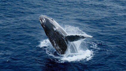 Fototapeta premium Humpback Whale Breaches the Surface of the Ocean During Daytime in Warm Waters