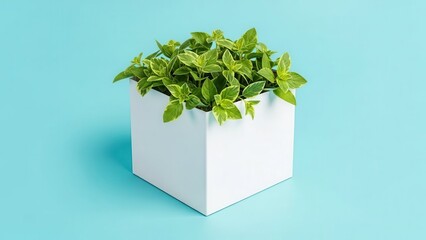 Fresh green basil plant growing in white square minimalist pot on blue background