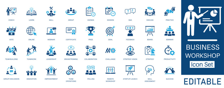 Business Workshop and Corporate Training solid icon set. Includes symbols for Skill Assessment, Remote Workshop, Leadership, and Startup Launch. Solid vector icons for coaching.