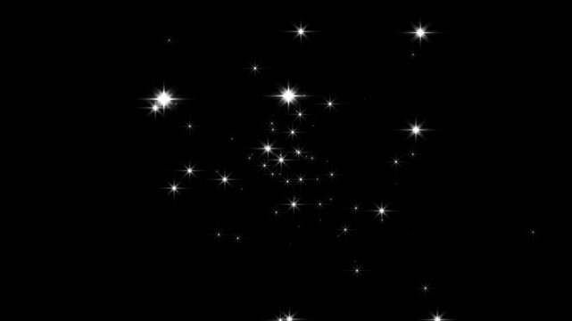 Sparkling twinkle stars animation loop 4k, white doodle cartoon glitter fx, blinking glowing stars, magic dust trail burst, festive holiday twinkle overlay on black screen background