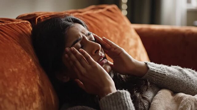 Cinematic slow-motion portrayal of a young woman experiencing intense migraine pain and headache while lying down on a vibrant orange sofa, expressing discomfort and distress in 4K resolution.