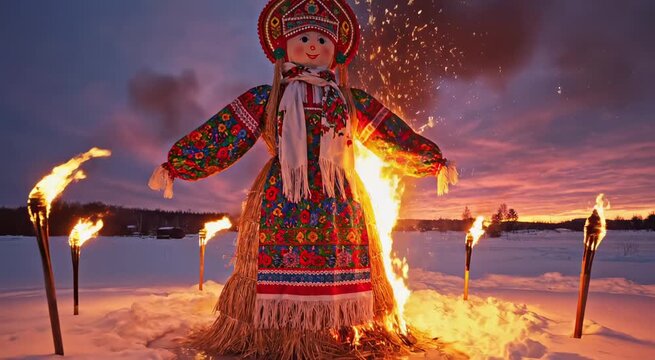 Traditional Marzanna doll in traditional dress burning on fire in a snowy landscape for Maslenitsa celebration at sunset.